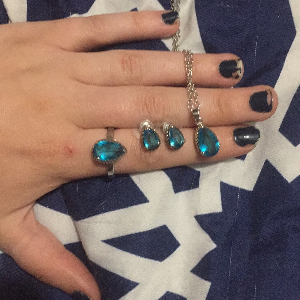 Blue tear drop necklace ring and earring set